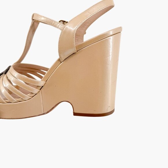 Chanel CC Platform Wedge Sandals Size 41 US 10-10.5 Beige Patent Strappy Logo - Picture 11 of 16